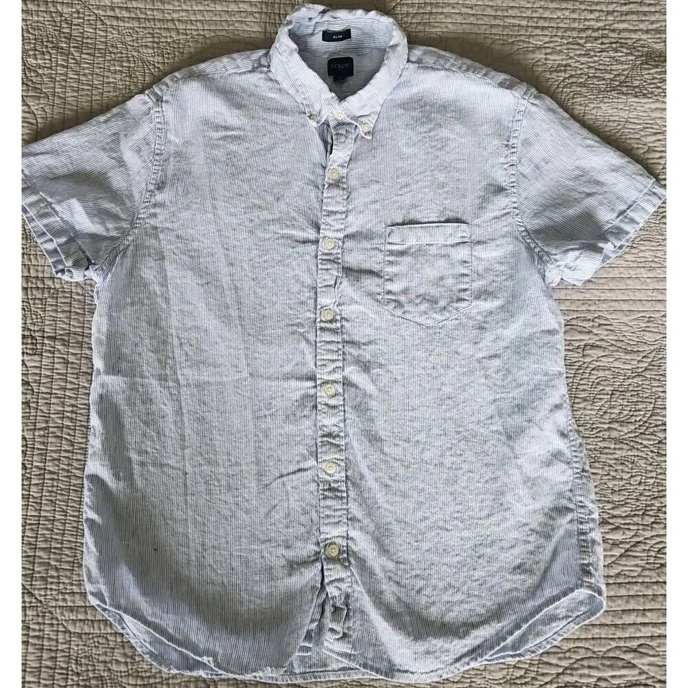 J Crew Men's Blue White Stripe Linen Cotton Blend Slim Fit Shirt Size XL